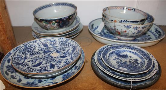 Quantity Chinese blue & white dishes (one with metal rim) and 3 polychrome bowls (16, faults)